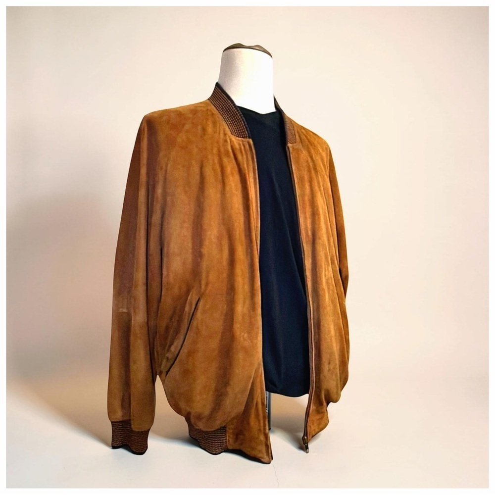 Bijan Men’s Goatskin Suede Bomber Jacket Caramel Cognac Rib Knit Luxury | Large - Picture 9 of 13